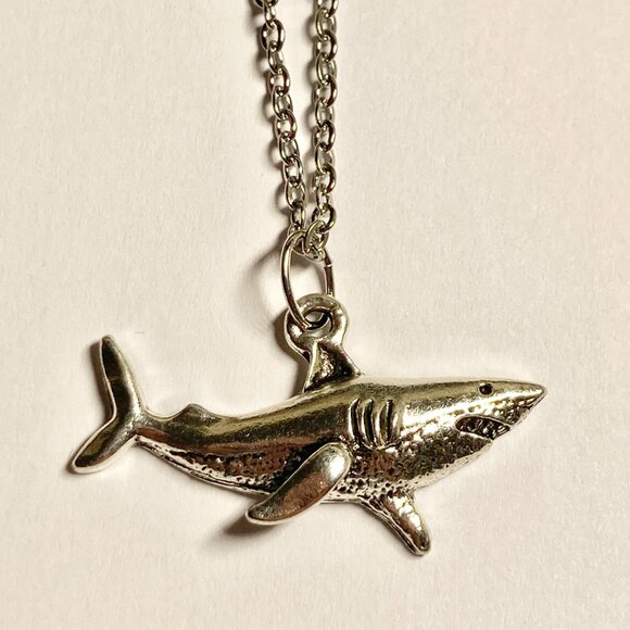 Silver Shark Necklace Stainless Steel Chain 20" Plated Sea Life Mens Womens - Picture 5 of 7
